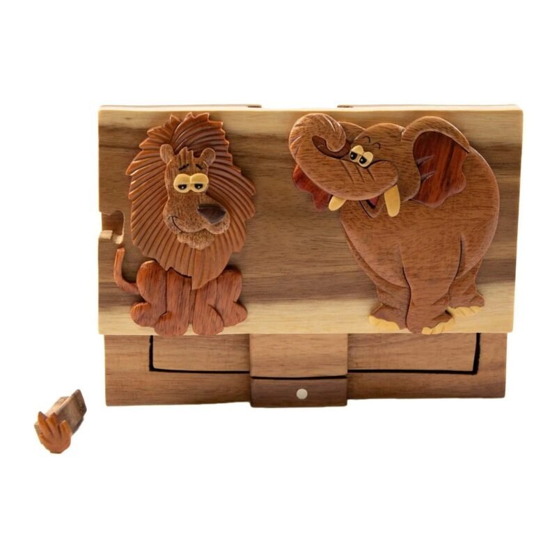 Elephant and Lion Trip to the Zoo Hand-Carved Puzzle Box - Stash Box Dan