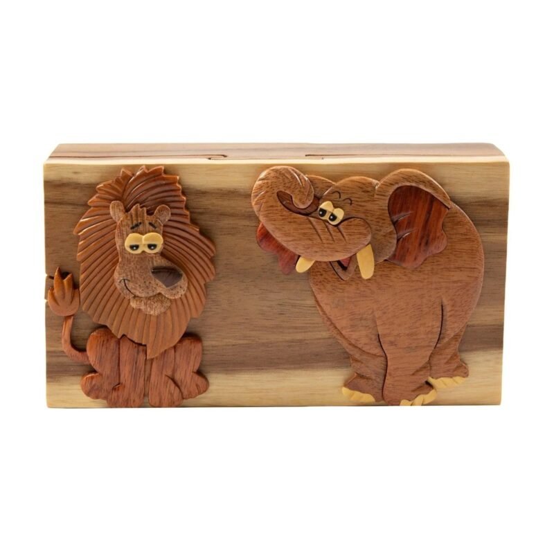 Elephant and Lion Trip to the Zoo Hand-Carved Puzzle Box - Stash Box Dan