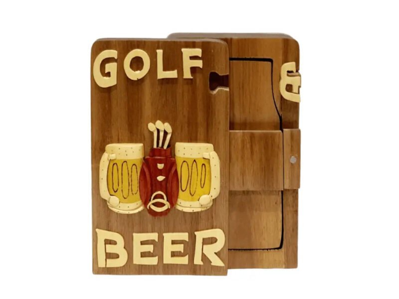 Golf and Beer Hand-carved Handcrafted Puzzle Box - Stash Box Dan