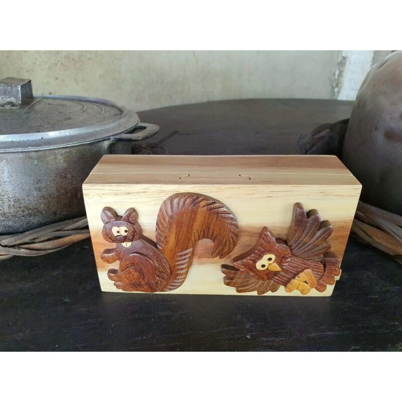 Hoot Dat Owl and Squirrel Hand Carved Puzzle Box