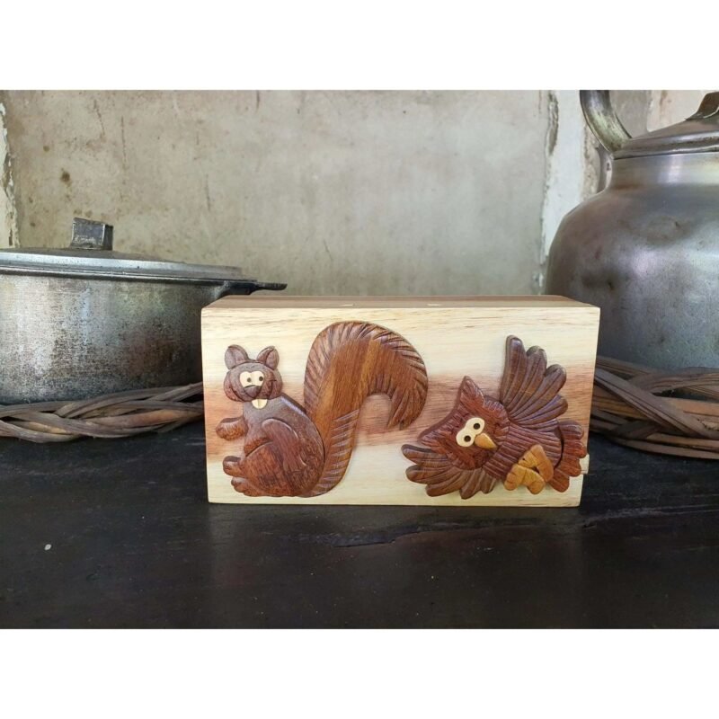 Hoot Dat Owl and Squirrel Hand Carved Puzzle Box