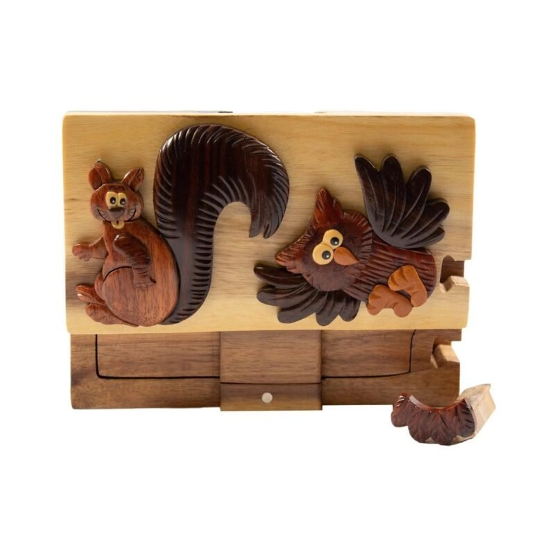 Hoot Dat Owl and Squirrel Hand Carved Puzzle Box