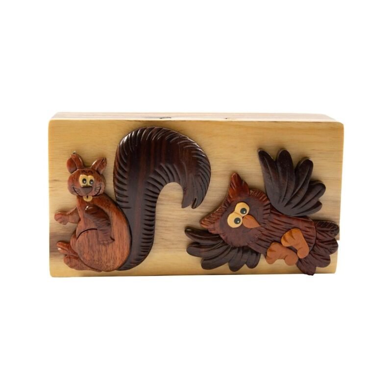 Hoot Dat Owl and Squirrel Hand Carved Puzzle Box