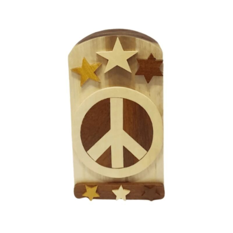 Peace Sign with Stars Hand-Carved Puzzle Box