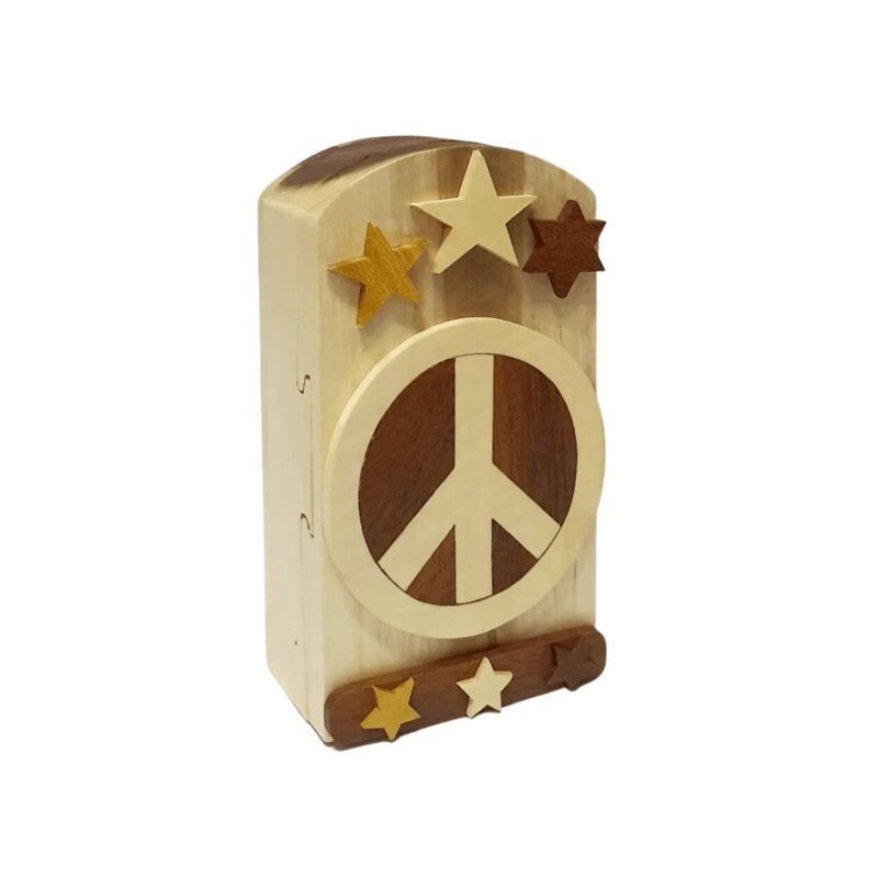 Peace Sign with Stars Hand-Carved Puzzle Box