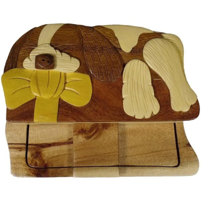 Sleeping Puppy Dog with Bow Hand-Carved Puzzle Box - Stash Box Dan